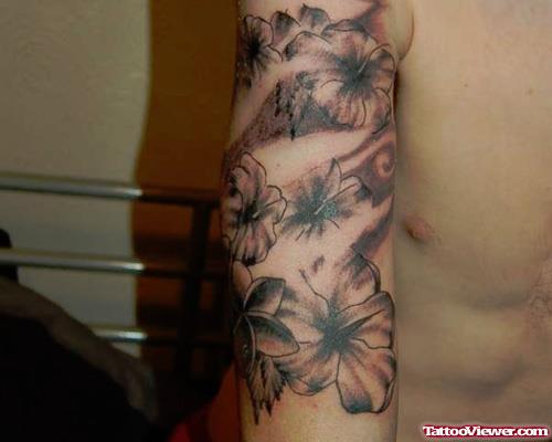 Awesome Grey Ink Flowers Tattoos On Sleeve