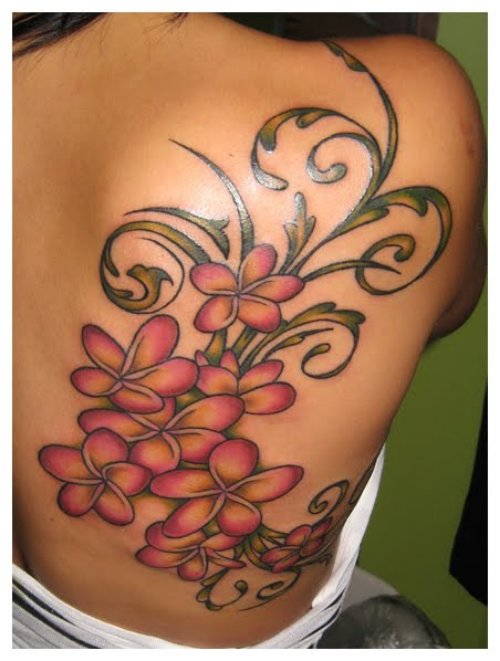 Amazing Color Flowers Hawaiian Tattoo On Back