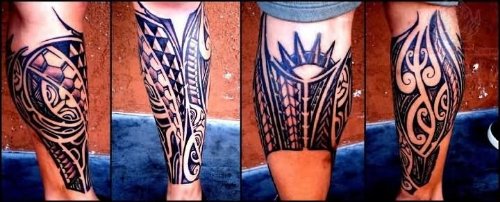 Attractive Black Ink Hawaiian Tattoo On Leg