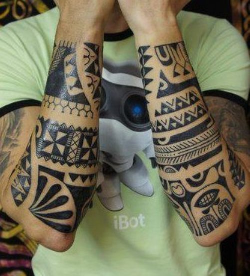 Black Ink Hawaiian Tattoos On Both Sleeves