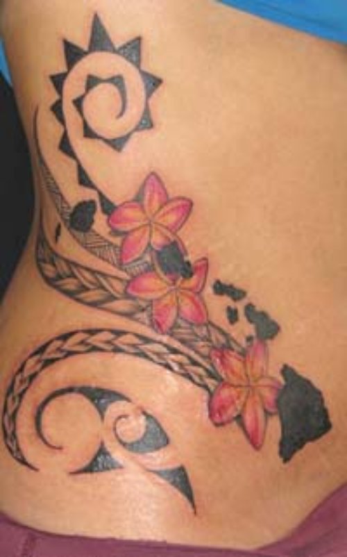 Pink Flowers And Tribal Hawaiian Tattoo On Side Rib