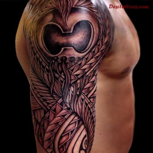 Right Half Sleeve Grey Ink Hawaiian Tattoo For Men