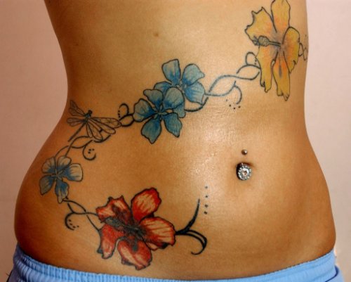 Color Hawaiian Flowers Tattoos On Hip