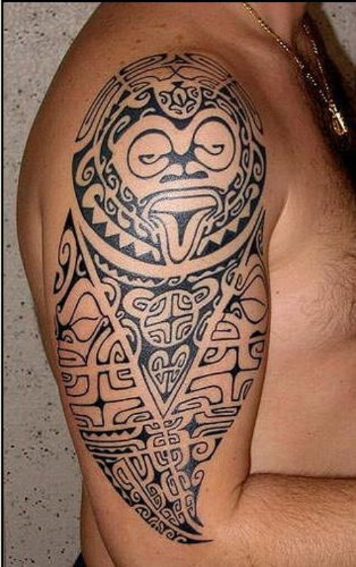 Awesome Grey Ink Tribal Hawaiian Tattoo On Right Half Sleeve