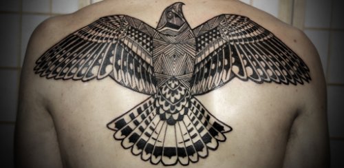 Grey Ink Large Flying Hawk Tattoo On Upperback