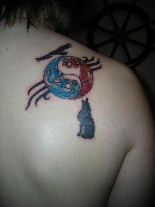 Howling Wolf, Yin Yang And Hawk Tattoo On Right Back Shoulder