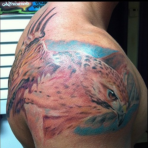 Color Ink Hawk Flying Color Ink Tattoo On Shoulder