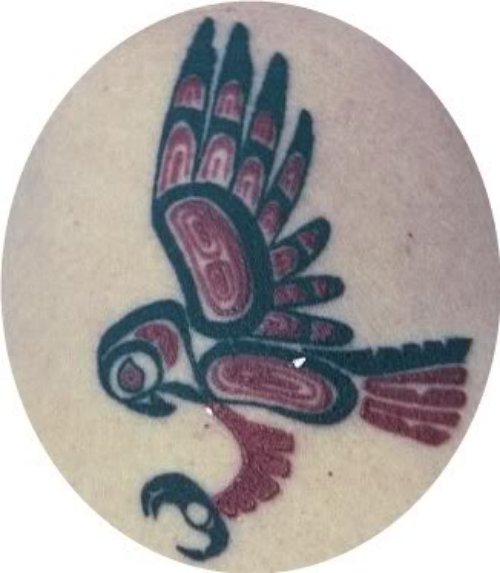 Red Ink Aztec Hawk Flying Tattoo Design