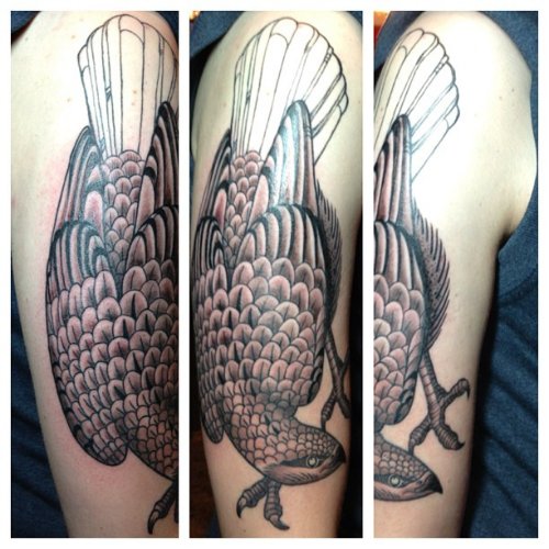 Amazing Grey Ink Right Half Sleeve Hawk Tattoo