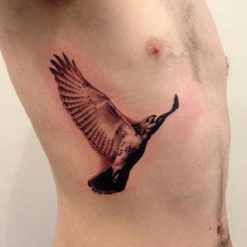 Side Rib Flying Hawk Tattoo For Men