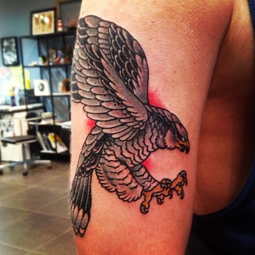 Flying Grey Ink Hawk Tattoo On Right Bicep