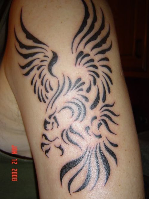 Black Ink Tribal Hawk Tattoo On Left Half Sleeve