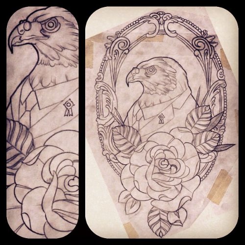 Grey Ink Rose And Hawk Tattoo Design