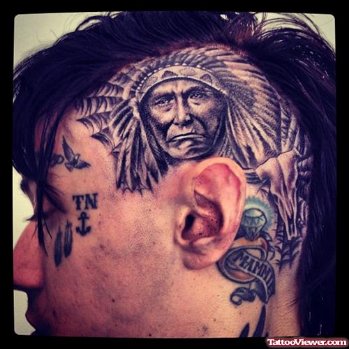 Grey Ink Native Tattoo On Head