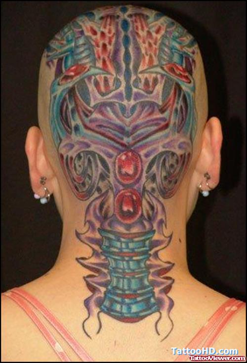 Color Ink Biomechanical Head Tattoo