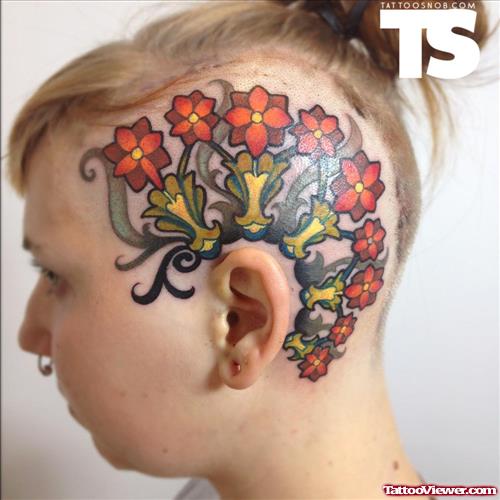 Color Flowers Head Tattoo For Girls
