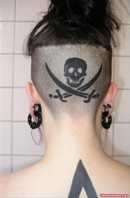 Black Swords And Skull Back Head Tattoos