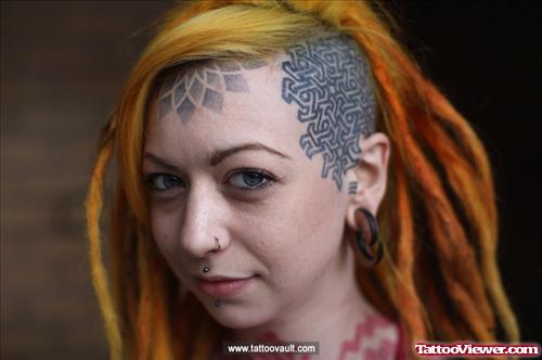 Black Ink Tribal Head Tattoo For Girls