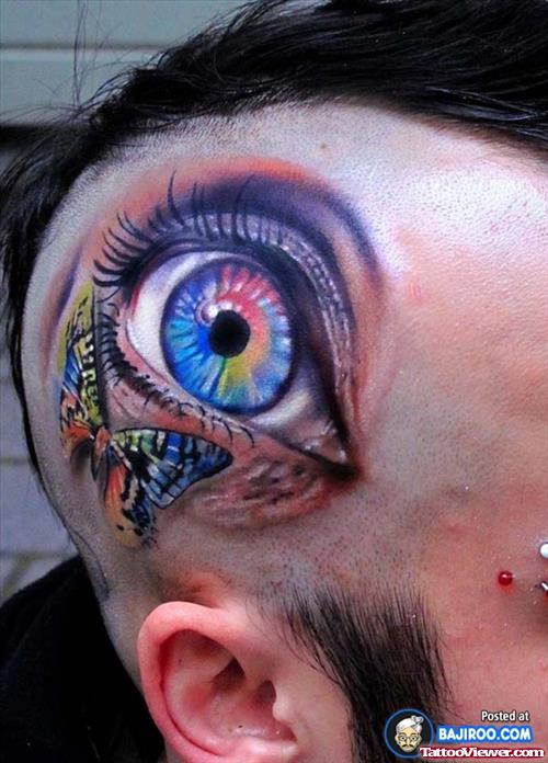 Awesome Colored 3d Eye And Butterfly Head Tattoo
