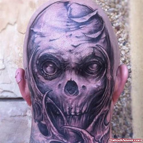 Amazing Grey Ink Skull Back Head Tattoo