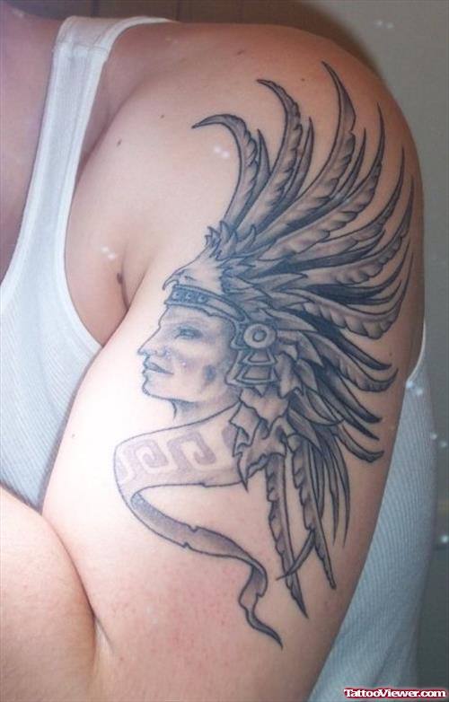 Grey Ink Aztec Chief Head Tattoo on Half Sleeve