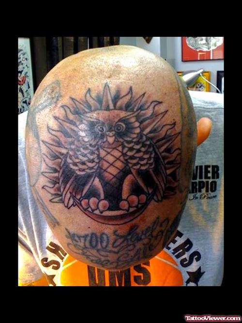 Amazing Grey Ink Owl Head Tattoo For Men