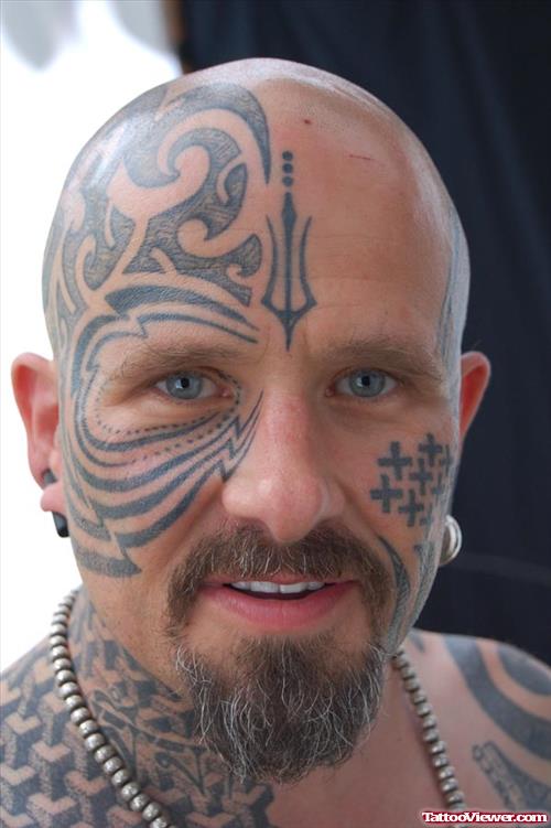 Attractive Black Ink Tribal Head Tattoo For Men