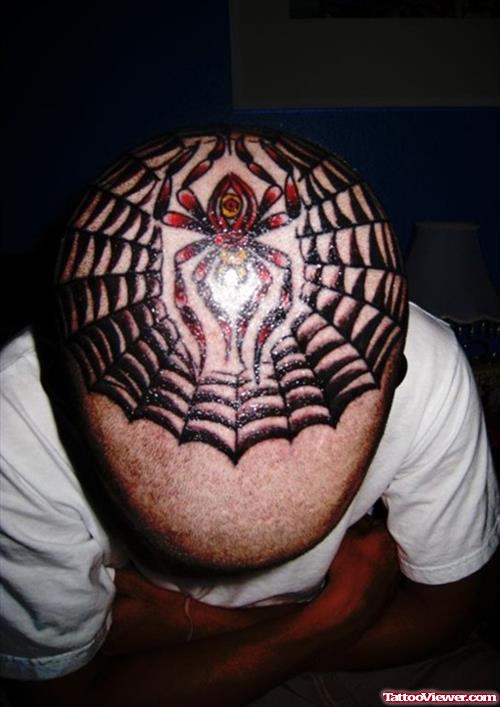 Spider And Web Head Tattoo