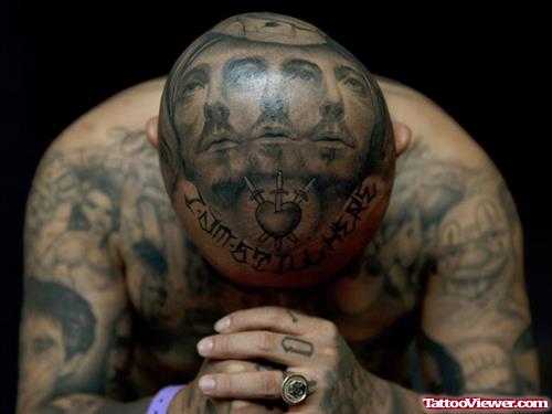 Grey Ink Religious Head Tattoo