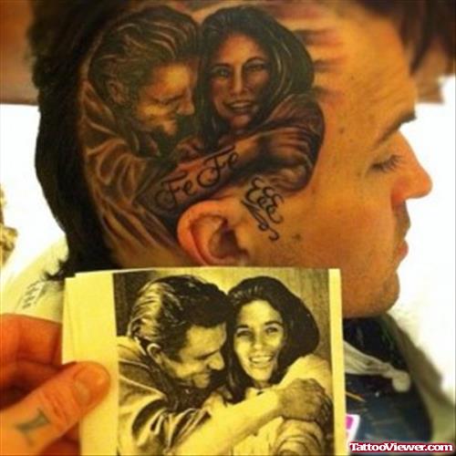Grey Ink Love Couple Tattoo On Head