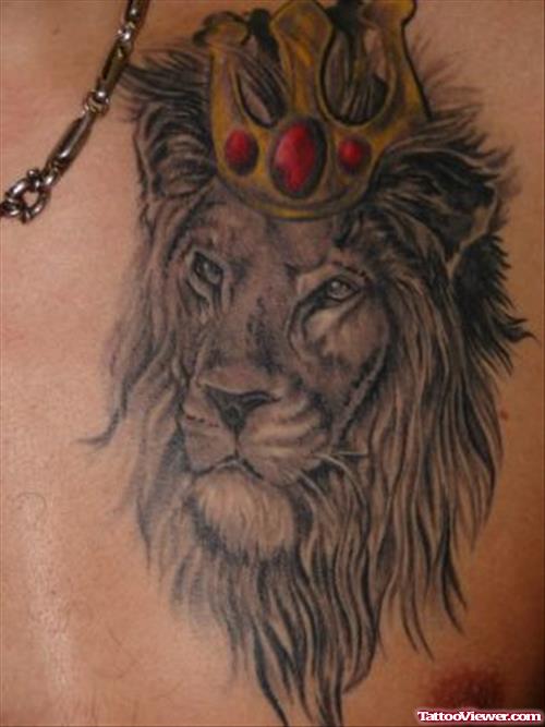 Grey Ink King Lion Head Tattoo
