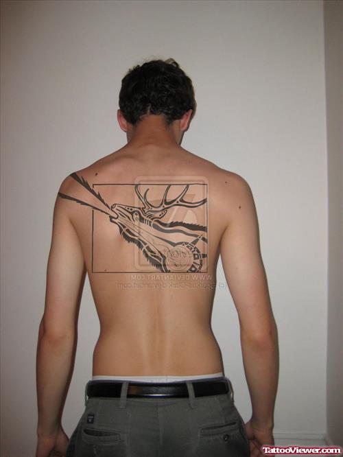 Grey Ink Deer Head Tattoo On Back