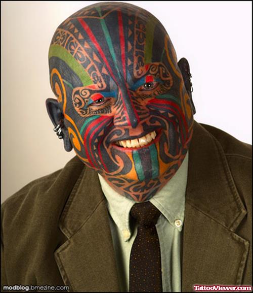 Extreme Colored Face And Head Tattoo