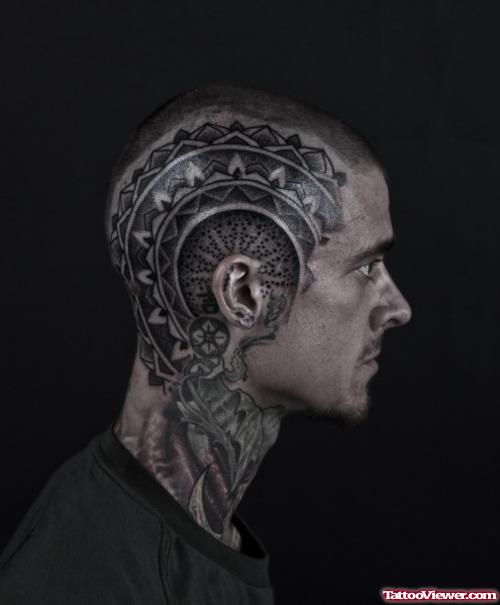 Black Ink Polynesian Tribal Head Tattoo