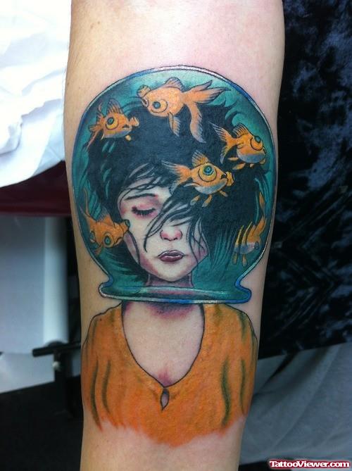Amazing Girl Head In Fish Tank Tattoo