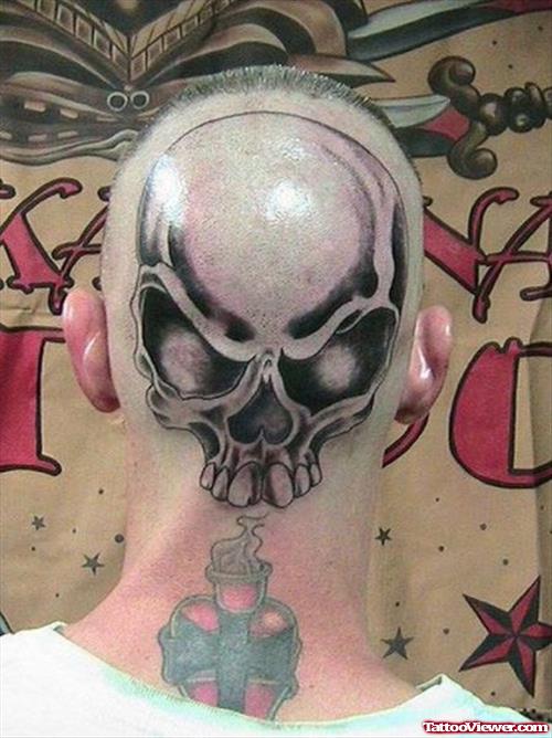 Awful Grey Ink Skull Back Head Tattoo