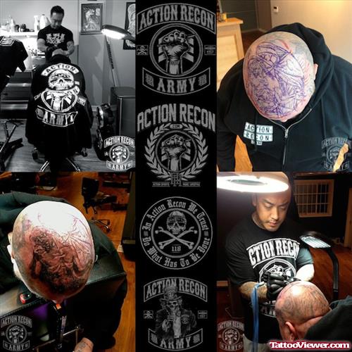 Awesome Grey Ink Head Tattoo For Men