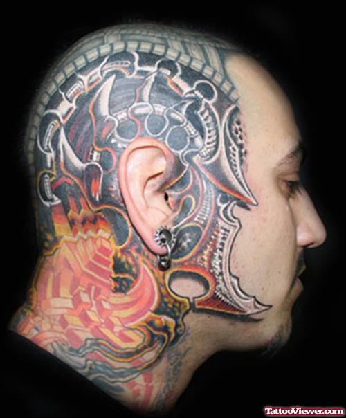 Awesome Colored Biomechanical Head Tattoo