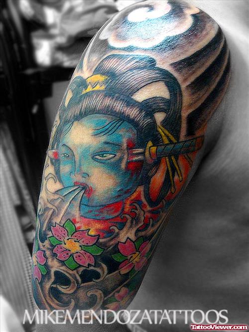 Amazing Colored Zombie Head Tattoo On Sleeve