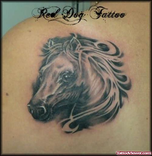 Grey Ink Horse Head Tattoo On Back Shoulder
