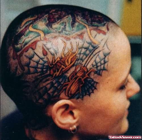 Color Spider Web Head Tattoo For Girls