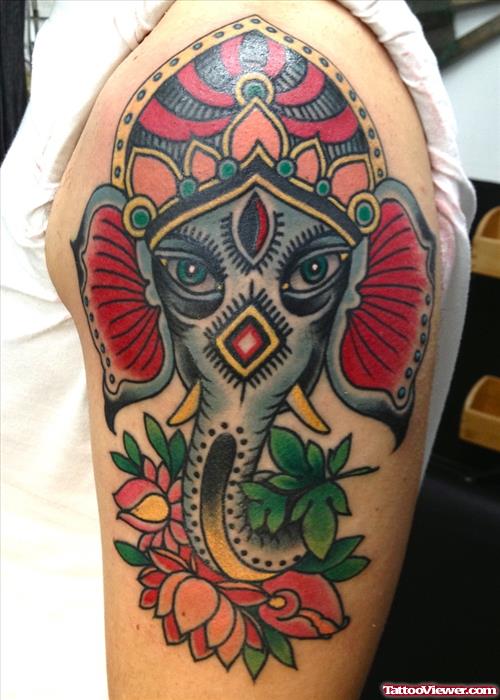 Color Lotus Flower And Ganesha Head Tattoo On Half Sleeve