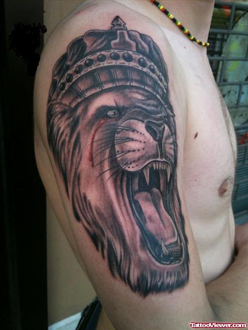 Angry Lion Head Tattoo On Right Half Sleeve