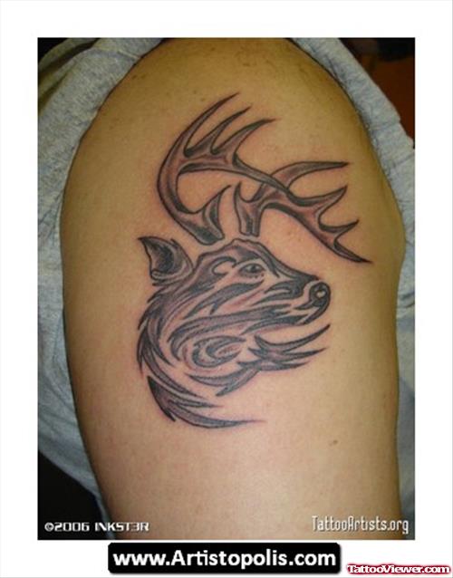 Grey Ink Tribal Deer Head Tattoo On Shoulder