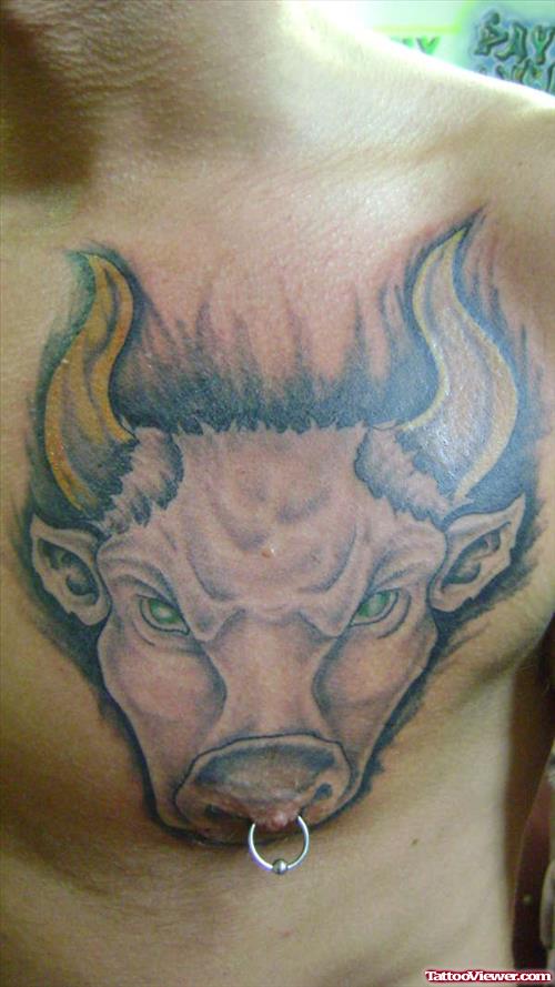 Grey Ink Taurus Head Tattoo On Man Chest