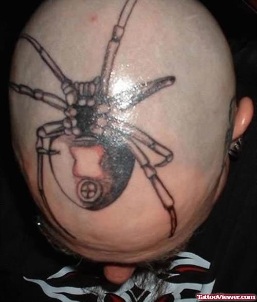 Grey Ink Spider Head Tattoo For Men