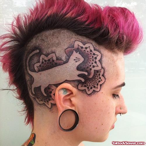 Grey Ink cat Head Tattoo For Girls