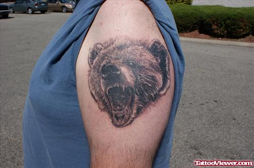 Grey Ink Bear Head Tattoo On Left Shoulder