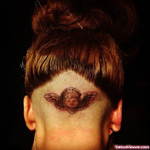 Grey Ink Angel Head Tattoo