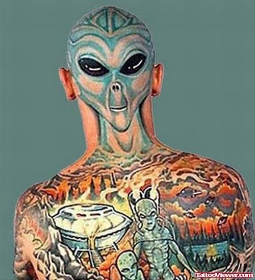 Alien Back Head Tattoo
